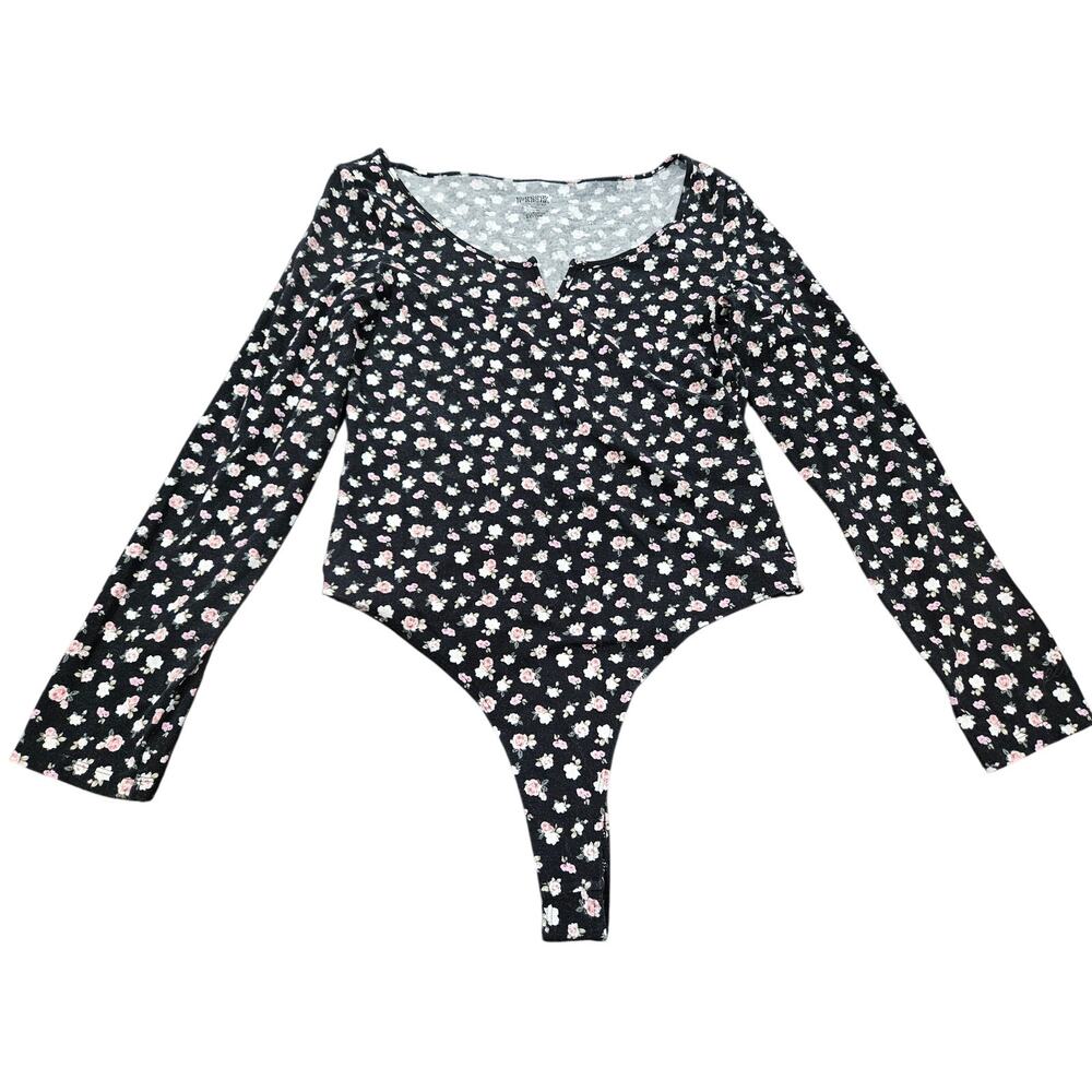 PINK Victoria’s Secret Dark Floral Bodysuit Long Sleeve Black Pink Women’s M